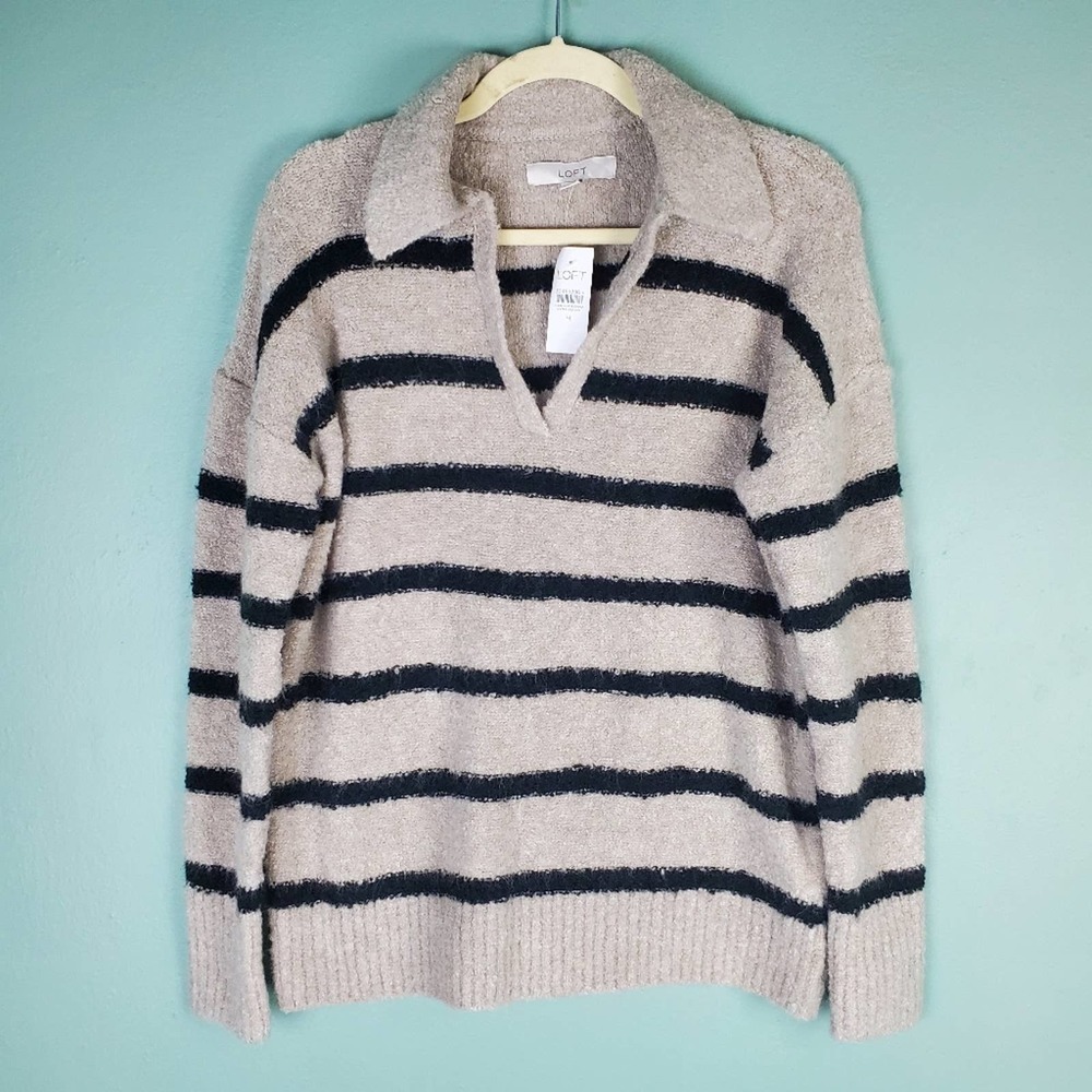 Loft Women's Tan Black Striped Boucle Polo Cozy Knit Sweater Size Medium